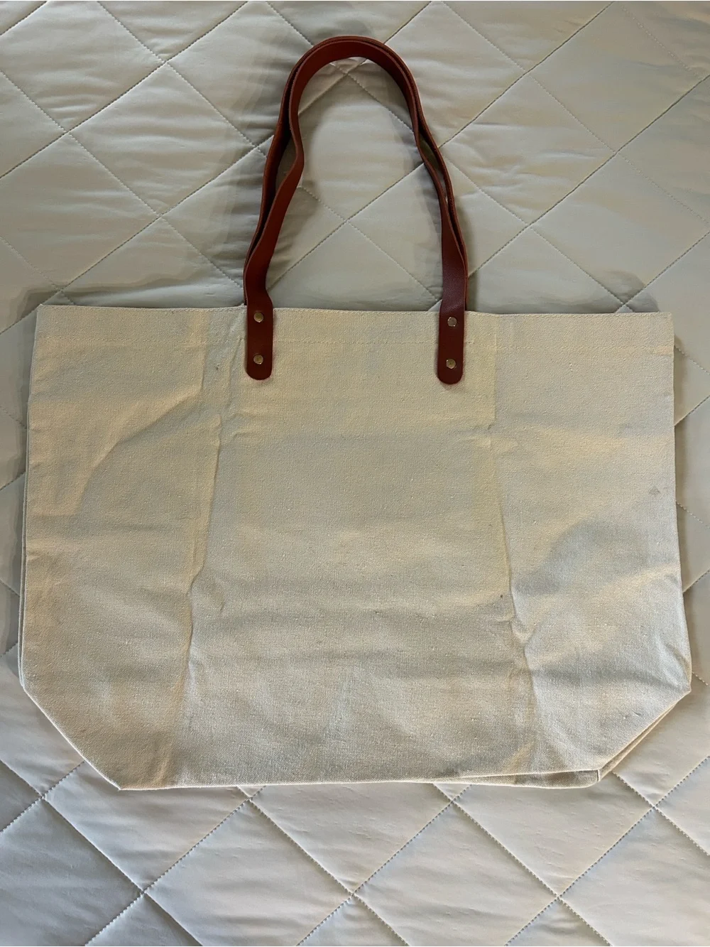 Amazon Cream Canvas Tote with Gold Monogram and Brown Handles